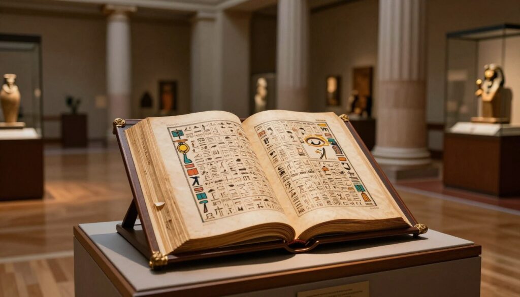 A beautifully illuminated scene inside a sophisticated museum showcasing an ancient Egyptian dream book. In the foreground, an ornately designed display case holds the Egipska Księga Snów, its pages open to reveal intricate hieroglyphs and vibrant illustrations of dream symbols. The middle ground features a polished wooden floor and elegant architecture, with tall columns and soft lighting creating a serene atmosphere. In the background, glimpses of other ancient artifacts are subtly visible, adding depth without overshadowing the book. The overall mood is one of mystery and reverence, shot with a slight depth of field to emphasize the dream book. The warm lighting casts gentle shadows, enhancing the texture of the pages and the museum's ambiance. A beautifully illuminated scene inside a sophisticated museum showcasing an ancient Egyptian dream book. In the foreground, an ornately designed display case holds the Egipska Księga Snów, its pages open to reveal intricate hieroglyphs and vibrant illustrations of dream symbols. The middle ground features a polished wooden floor and elegant architecture, with tall columns and soft lighting creating a serene atmosphere. In the background, glimpses of other ancient artifacts are subtly visible, adding depth without overshadowing the book. The overall mood is one of mystery and reverence, shot with a slight depth of field to emphasize the dream book. The warm lighting casts gentle shadows, enhancing the texture of the pages and the museum's ambiance.