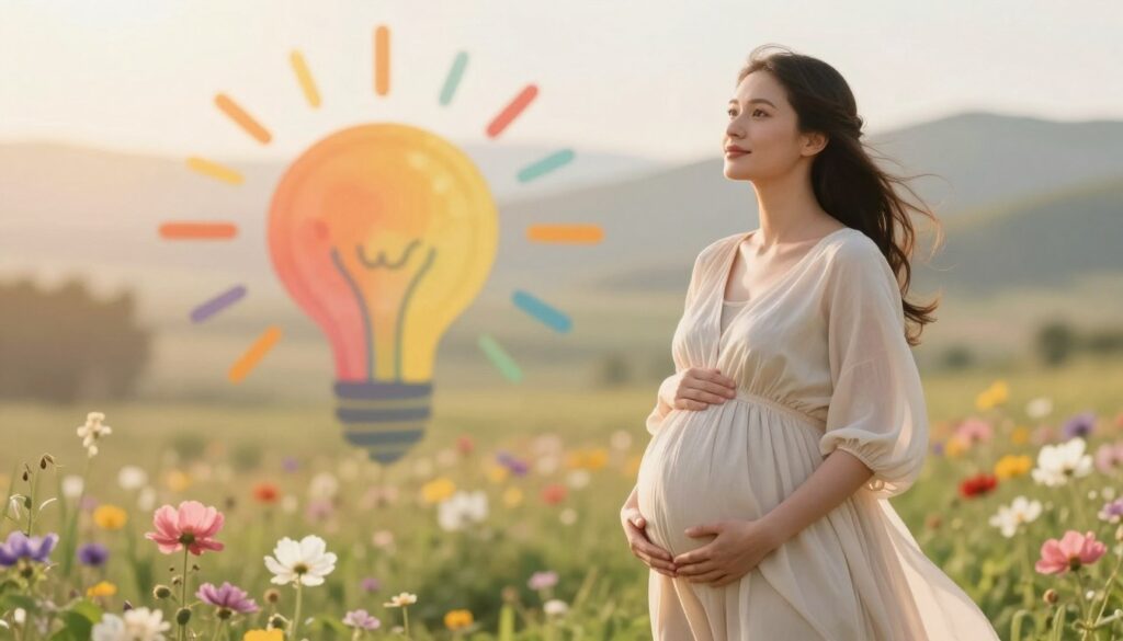 A creative and serene scene featuring a pregnant woman as a symbol of creativity and responsibility. The woman stands in the foreground, dressed in a flowing, modest dress that highlights her baby bump, radiating warmth and confidence. Her hands are gently cradling her belly, and she has a thoughtful expression, embodying the nurturing aspect of motherhood. In the middle background, a soft, abstract representation of vibrant colors and shapes symbolizes creativity, suggesting inspiration and new ideas. The background consists of a softly blurred, sunlit landscape with blooming flowers and gentle hills, creating an uplifting atmosphere. The lighting is warm and natural, casting a soft glow on the scene, enhancing the feelings of hope and creativity. The composition should be shot from a slightly elevated angle, allowing the viewer to take in the entire harmonious scene.