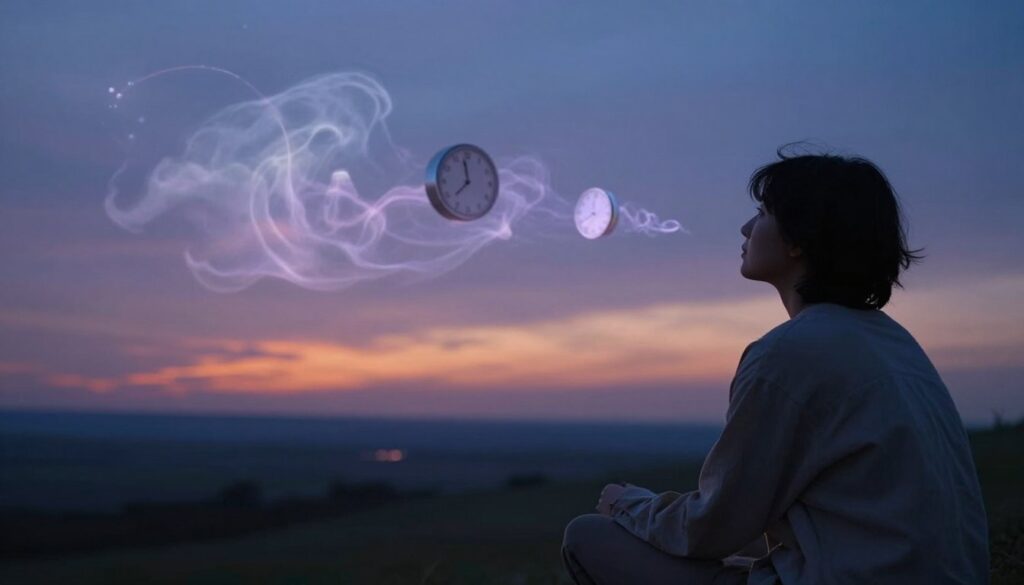 A dream-like scene illustrating prophetic dreams, featuring a serene landscape at twilight. In the foreground, a contemplative person is depicted, gazing thoughtfully at the horizon; they are dressed in a simple, casual outfit. In the middle ground, ethereal dream-like symbols—like floating clocks and wispy clouds—represent the concept of premonitions unfolding in the mind. The background features a gently illuminated sky transitioning from deep blues to soft oranges and purples, casting a magical glow. The scene is bathed in soft, diffused lighting, creating a tranquil and introspective atmosphere. The perspective is slightly elevated, allowing a sweeping view of this surreal landscape that conveys a sense of connection between dreams and daily experiences. A dream-like scene illustrating prophetic dreams, featuring a serene landscape at twilight. In the foreground, a contemplative person is depicted, gazing thoughtfully at the horizon; they are dressed in a simple, casual outfit. In the middle ground, ethereal dream-like symbols—like floating clocks and wispy clouds—represent the concept of premonitions unfolding in the mind. The background features a gently illuminated sky transitioning from deep blues to soft oranges and purples, casting a magical glow. The scene is bathed in soft, diffused lighting, creating a tranquil and introspective atmosphere. The perspective is slightly elevated, allowing a sweeping view of this surreal landscape that conveys a sense of connection between dreams and daily experiences.