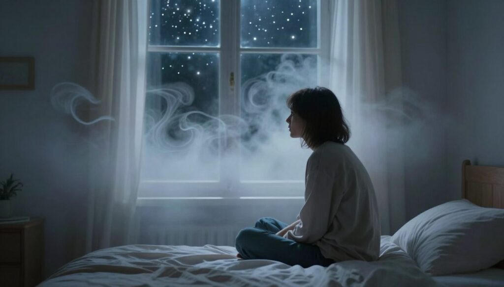 A dreamlike scene depicting the concept of uncertainty surrounding miscarriage, centered around a softly lit bedroom. In the foreground, a figure in modest casual clothing sits on the edge of a bed, gazing pensively out the window, their expression reflecting deep contemplation and unease. The middle layer features ethereal, swirling dream imagery that incorporates gentle, abstract shapes, symbolizing anxiety and loss, intertwining softly with wisps of fog. The background provides a serene night sky, punctuated by twinkling stars, casting a calming glow over the scene. The atmosphere is both haunting and contemplative, instilling a sense of vulnerability and introspection, portrayed with a soft focus lens effect for an otherworldly feel.