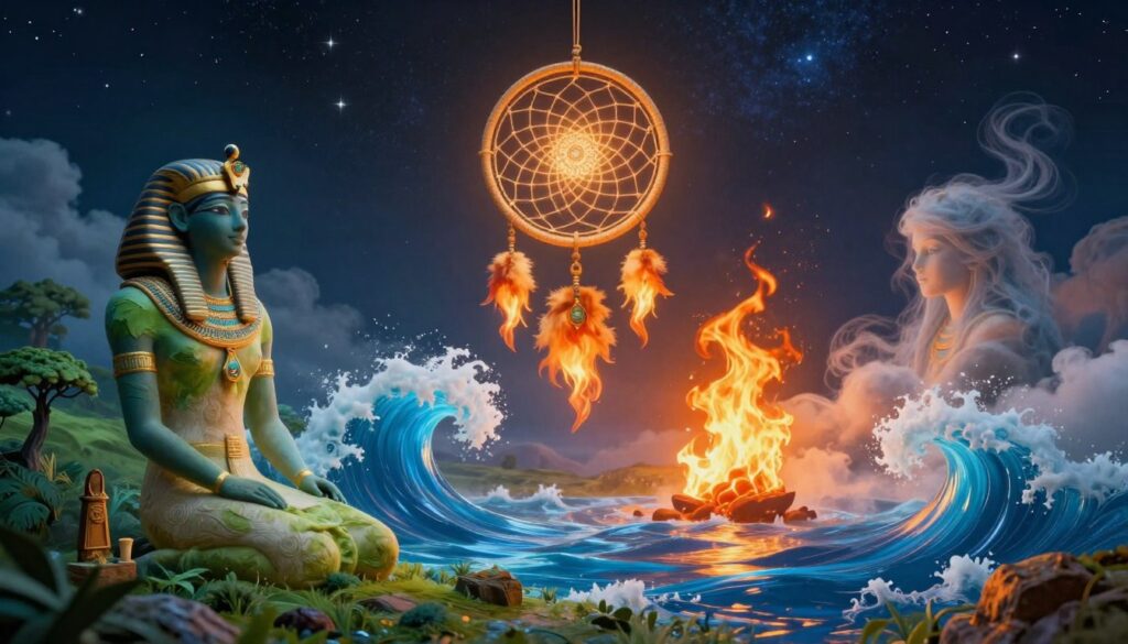 A mystical and ethereal interpretation of the symbolism of the four classical elements—earth, water, fire, and air—set within the context of dreams. In the foreground, depict an ancient Egyptian dream interpretation scene, incorporating symbolic representations of each element: a lush green landscape for earth, flowing blue waves for water, dancing flames for fire, and swirling clouds for air. The middle ground features a stylized dreamcatcher, intricately designed and glowing softly, representing the connection between the dreamer and their dreams. In the background, a star-filled night sky enhances the dreamlike atmosphere, with a subtle light casting a warm glow over the scene. Convey a sense of tranquility and mystique, as if capturing a moment of deep introspection and enlightenment. A mystical and ethereal interpretation of the symbolism of the four classical elements—earth, water, fire, and air—set within the context of dreams. In the foreground, depict an ancient Egyptian dream interpretation scene, incorporating symbolic representations of each element: a lush green landscape for earth, flowing blue waves for water, dancing flames for fire, and swirling clouds for air. The middle ground features a stylized dreamcatcher, intricately designed and glowing softly, representing the connection between the dreamer and their dreams. In the background, a star-filled night sky enhances the dreamlike atmosphere, with a subtle light casting a warm glow over the scene. Convey a sense of tranquility and mystique, as if capturing a moment of deep introspection and enlightenment.