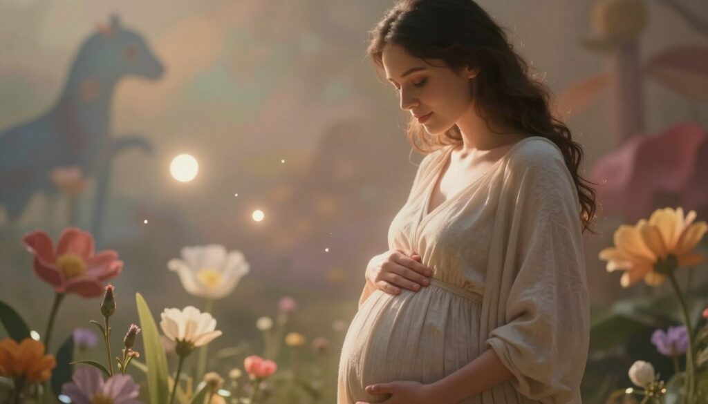 A serene and contemplative scene set in a softly lit dreamscape, focusing on a radiant, expectant woman dressed in modest, comfortable clothing, gently cradling her belly. In the foreground, her face reflects a mixture of anticipation and peace, with a gentle glow enveloping her. The middle ground features ethereal representations of whimsical elements associated with birth, such as blooming flowers and floating light orbs symbolizing joy and new beginnings. In the background, abstract shapes and warm colors blend harmoniously, evoking a sense of transformation and the cycle of life. The atmosphere is tranquil and mystical, with soft, diffused lighting reminiscent of early dawn, capturing the essence of hope and new possibilities. A serene and contemplative scene set in a softly lit dreamscape, focusing on a radiant, expectant woman dressed in modest, comfortable clothing, gently cradling her belly. In the foreground, her face reflects a mixture of anticipation and peace, with a gentle glow enveloping her. The middle ground features ethereal representations of whimsical elements associated with birth, such as blooming flowers and floating light orbs symbolizing joy and new beginnings. In the background, abstract shapes and warm colors blend harmoniously, evoking a sense of transformation and the cycle of life. The atmosphere is tranquil and mystical, with soft, diffused lighting reminiscent of early dawn, capturing the essence of hope and new possibilities.