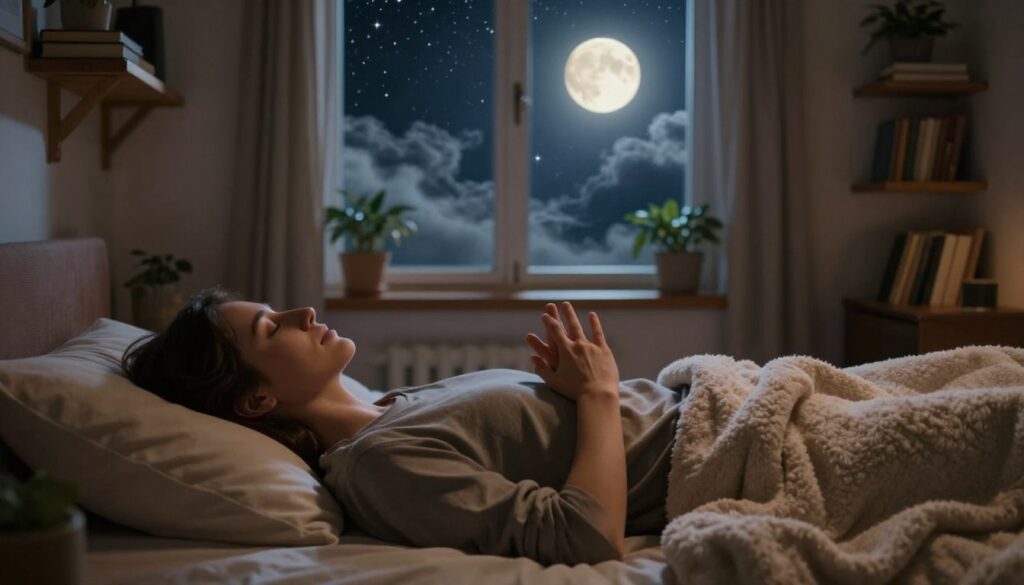 A serene and dreamy landscape depicting a person practicing lucidity techniques while lying in a cozy, softly lit bedroom. In the foreground, a figure in modest casual clothing, with a peaceful expression, is nestled under a warm, fluffy blanket. Their hands are clasped in a gentle meditation pose. In the middle ground, a window reveals a starry night sky, with ethereal wisps of clouds and a glowing full moon casting a calm light throughout the room. The background features shelves filled with books on dream interpretation and mindfulness, surrounded by potted plants that add a touch of nature. The overall mood is tranquil and introspective, inviting the viewer into the world of conscious dreaming. The lighting is soft and warm, enhancing the cozy atmosphere, creating a sense of wonder and exploration.