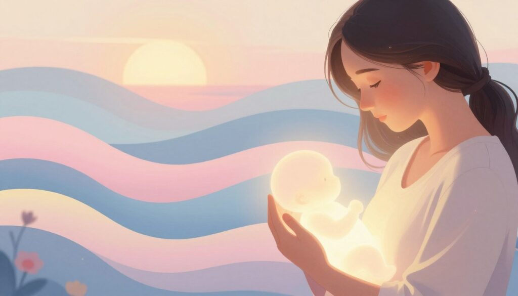 A serene and emotional illustration representing the symbolism of childbirth emotions and new beginnings. In the foreground, a close-up of a gentle, professional female figure dressed in modest casual clothing, cradling a glowing, ethereal light that symbolizes the essence of new life and hope. The middle layer features soft, flowing waves of colors—gentle pastels of pink, blue, and yellow, blending seamlessly to depict the complex emotions surrounding childbirth. The background consists of a tranquil, abstract landscape, possibly with hints of nature like blossoming flowers or a sunrise, symbolizing new beginnings. Ambient, warm lighting creates a calming atmosphere, reminiscent of dawn, while the focus is on the emotions of love, excitement, and anticipation. The overall mood conveys a sense of serenity, hope, and transformation, inviting reflection on the journey of motherhood. A serene and emotional illustration representing the symbolism of childbirth emotions and new beginnings. In the foreground, a close-up of a gentle, professional female figure dressed in modest casual clothing, cradling a glowing, ethereal light that symbolizes the essence of new life and hope. The middle layer features soft, flowing waves of colors—gentle pastels of pink, blue, and yellow, blending seamlessly to depict the complex emotions surrounding childbirth. The background consists of a tranquil, abstract landscape, possibly with hints of nature like blossoming flowers or a sunrise, symbolizing new beginnings. Ambient, warm lighting creates a calming atmosphere, reminiscent of dawn, while the focus is on the emotions of love, excitement, and anticipation. The overall mood conveys a sense of serenity, hope, and transformation, inviting reflection on the journey of motherhood.