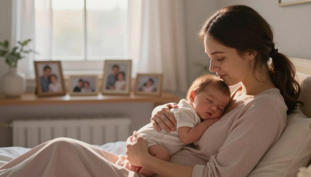 A serene and evocative scene depicting the meaning of a dream about childbirth. In the foreground, a gentle, glowing light emanates from a cozy, intimate bedroom, filled with soft pastel colors and comforting textures, creating a warm atmosphere. A mother, dressed in modest, comfortable clothing, cradles a newborn, her expression a blend of joy and contemplation, symbolizing personal growth and new beginnings. In the middle ground, family photos on a shelf capturing moments of love and connection suggest a rich personal history. The background shows a soft, blurred window with light filtering through sheer curtains, hinting at dawn, representing hope and new opportunities. The overall mood is calm, reflective, and uplifting, inviting viewers to contemplate the deeper significance of such dreams in their own lives. A serene and evocative scene depicting the meaning of a dream about childbirth. In the foreground, a gentle, glowing light emanates from a cozy, intimate bedroom, filled with soft pastel colors and comforting textures, creating a warm atmosphere. A mother, dressed in modest, comfortable clothing, cradles a newborn, her expression a blend of joy and contemplation, symbolizing personal growth and new beginnings. In the middle ground, family photos on a shelf capturing moments of love and connection suggest a rich personal history. The background shows a soft, blurred window with light filtering through sheer curtains, hinting at dawn, representing hope and new opportunities. The overall mood is calm, reflective, and uplifting, inviting viewers to contemplate the deeper significance of such dreams in their own lives.