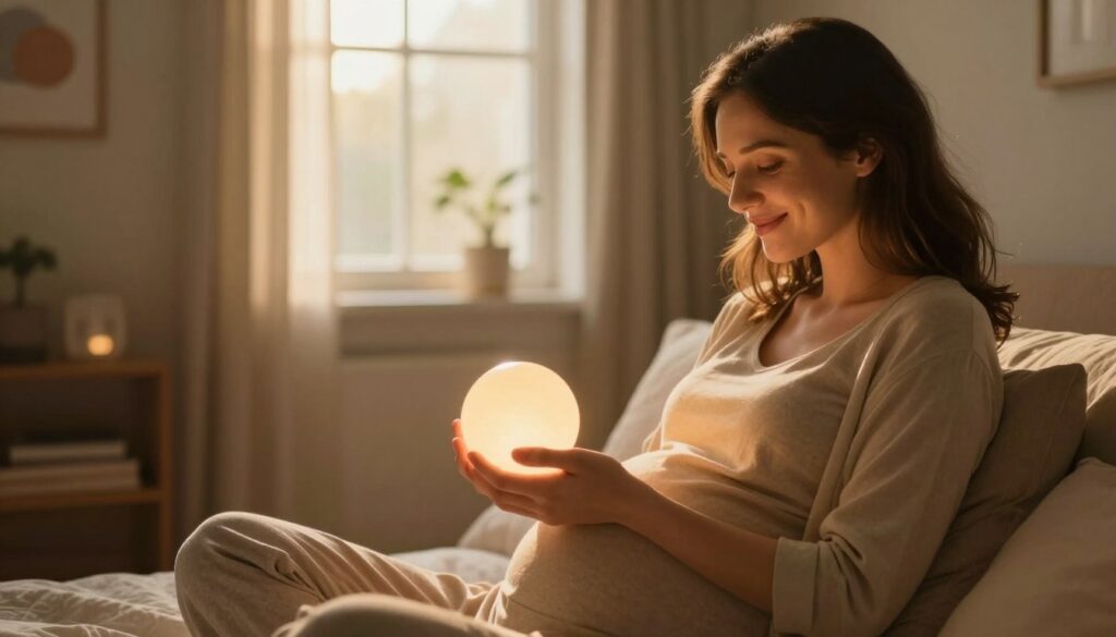 A serene and introspective scene depicting a woman in a peaceful moment of reflection on her pregnancy journey, symbolizing the emotional aspects of life. In the foreground, a woman with a gentle smile, dressed in modest casual clothing, is seated in a cozy, softly lit room with warm, inviting colors. In her hands, she cradles a small, glowing orb representing new life and hope. The middle ground features a window with soft golden light streaming through, casting delicate shadows that enhance the calming atmosphere. In the background, there are abstract shapes and colors that convey emotions like joy, anticipation, and nurturing. The entire composition uses a soft focus and warm tones to create a sense of tranquility and emotional depth.