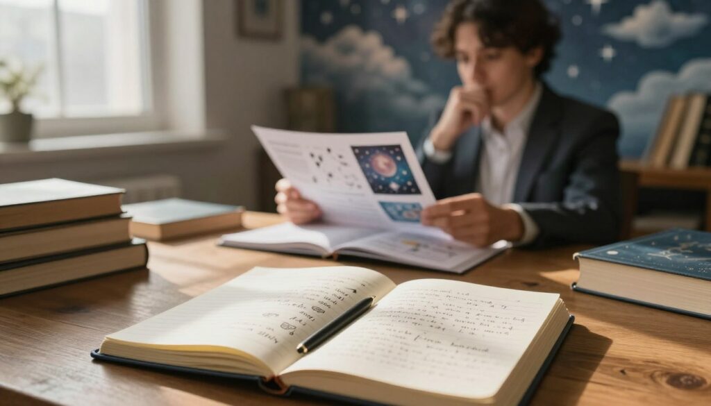 A serene and introspective scene depicting practical dream analysis tips, set in a softly lit room filled with books and ethereal dream imagery. In the foreground, an open notebook with handwritten notes on dream symbols is placed on a wooden table. A warm, ambient light filters through a nearby window, casting gentle shadows that enhance the tranquil mood. In the middle ground, a person in professional attire, thoughtfully examining dream diagrams and images, reflects a contemplative expression. The background features soft-focus dream-related motifs, like clouds and stars, creating a whimsical yet educational atmosphere. The overall composition should evoke a sense of curiosity and insight into the realm of dreams, inviting the viewer to explore deeper meanings.