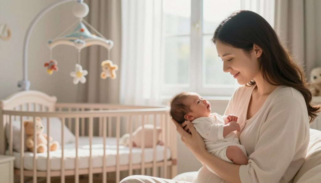 A serene and peaceful scene depicting a dreamlike childbirth experience. In the foreground, a gentle light bathes a cozy room where a mother, dressed in modest maternity clothing, lovingly holds her newborn in her arms. Her expression radiates joy and tenderness. In the middle ground, a soft, pastel-colored crib sits nearby, surrounded by plush toys and a calming mobile, adding to the nurturing atmosphere. The background features a window with soft, filtered sunlight streaming through sheer curtains, enhancing the sense of warmth and tranquility. The overall mood is one of love, hope, and new beginnings, capturing the essence of transformation and the symbolic nature of dreams about childbirth. The image should be bright, inviting, and composed with a soft-focus lens to evoke a dreamlike quality.