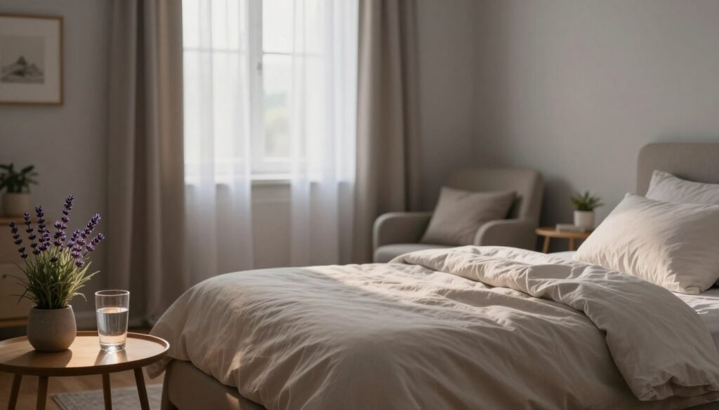 A serene bedroom scene emphasizing sleep hygiene, featuring a well-made bed with soft, neutral-toned bedding and an inviting atmosphere. In the foreground, a small bedside table holds a glass of water and a calming lavender plant. The middle layer showcases a gentle, ambient light illuminating the room from a window draped with sheer curtains. A cozy armchair sits in the corner, inviting relaxation. In the background, soothing wall colors and minimal decor create a peaceful setting. Natural light filters in, casting soft shadows and enhancing the tranquil mood. The overall composition conveys a sense of calm, balance, and the importance of a restful environment for healthy sleep. A serene bedroom scene emphasizing sleep hygiene, featuring a well-made bed with soft, neutral-toned bedding and an inviting atmosphere. In the foreground, a small bedside table holds a glass of water and a calming lavender plant. The middle layer showcases a gentle, ambient light illuminating the room from a window draped with sheer curtains. A cozy armchair sits in the corner, inviting relaxation. In the background, soothing wall colors and minimal decor create a peaceful setting. Natural light filters in, casting soft shadows and enhancing the tranquil mood. The overall composition conveys a sense of calm, balance, and the importance of a restful environment for healthy sleep.