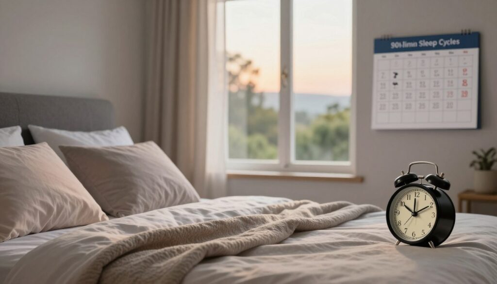 A serene bedroom scene illustrating the concept of 90-minute sleep cycles. In the foreground, a well-made bed with soft, inviting pillows and a cozy blanket, conveying comfort and restfulness. To the side, a stylish alarm clock displaying a time that reflects optimal wake-up moments. In the middle ground, a large window allowing soft morning light to filter through, creating a tranquil atmosphere. A calendar on the wall features symbols illustrating sleep cycles, emphasizing their importance. The background showcases a peaceful landscape visible through the window, with gentle greenery and a hint of sunrise colors. The overall mood is calming and informative, ideal for visualizing effective sleep management. Focus on warm lighting and a slightly angled perspective for depth. A serene bedroom scene illustrating the concept of 90-minute sleep cycles. In the foreground, a well-made bed with soft, inviting pillows and a cozy blanket, conveying comfort and restfulness. To the side, a stylish alarm clock displaying a time that reflects optimal wake-up moments. In the middle ground, a large window allowing soft morning light to filter through, creating a tranquil atmosphere. A calendar on the wall features symbols illustrating sleep cycles, emphasizing their importance. The background showcases a peaceful landscape visible through the window, with gentle greenery and a hint of sunrise colors. The overall mood is calming and informative, ideal for visualizing effective sleep management. Focus on warm lighting and a slightly angled perspective for depth.