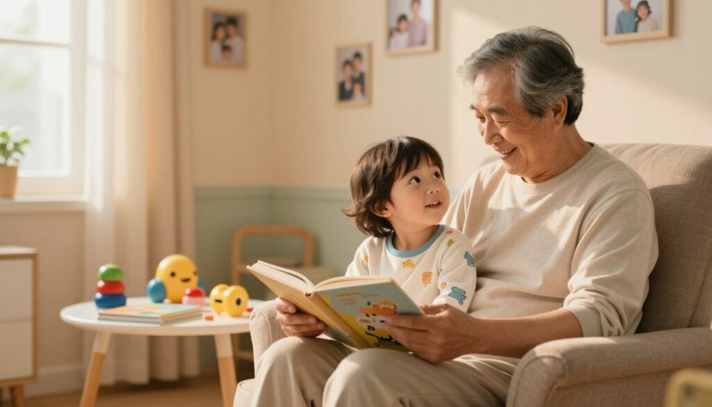 A serene dreamlike scene depicting a loving interaction between a grandparent and their grandchild in a cozy, softly-lit room. In the foreground, the grandparent, dressed in modest casual clothing, sits comfortably in an armchair, displaying a warm smile as they read a storybook. The grandchild, wearing playful pajamas, gazes up with wide, curious eyes, embodying innocence and wonder. In the middle ground, a small table holds colorful toys and books, enhancing the playful atmosphere. The background features warm, pastel-colored walls adorned with family photos, creating a sense of nostalgia. Soft, golden light filters through a nearby window, casting gentle shadows, giving the image a peaceful, dreamy quality that reflects the comfort and joy associated with familial bonds. A serene dreamlike scene depicting a loving interaction between a grandparent and their grandchild in a cozy, softly-lit room. In the foreground, the grandparent, dressed in modest casual clothing, sits comfortably in an armchair, displaying a warm smile as they read a storybook. The grandchild, wearing playful pajamas, gazes up with wide, curious eyes, embodying innocence and wonder. In the middle ground, a small table holds colorful toys and books, enhancing the playful atmosphere. The background features warm, pastel-colored walls adorned with family photos, creating a sense of nostalgia. Soft, golden light filters through a nearby window, casting gentle shadows, giving the image a peaceful, dreamy quality that reflects the comfort and joy associated with familial bonds.