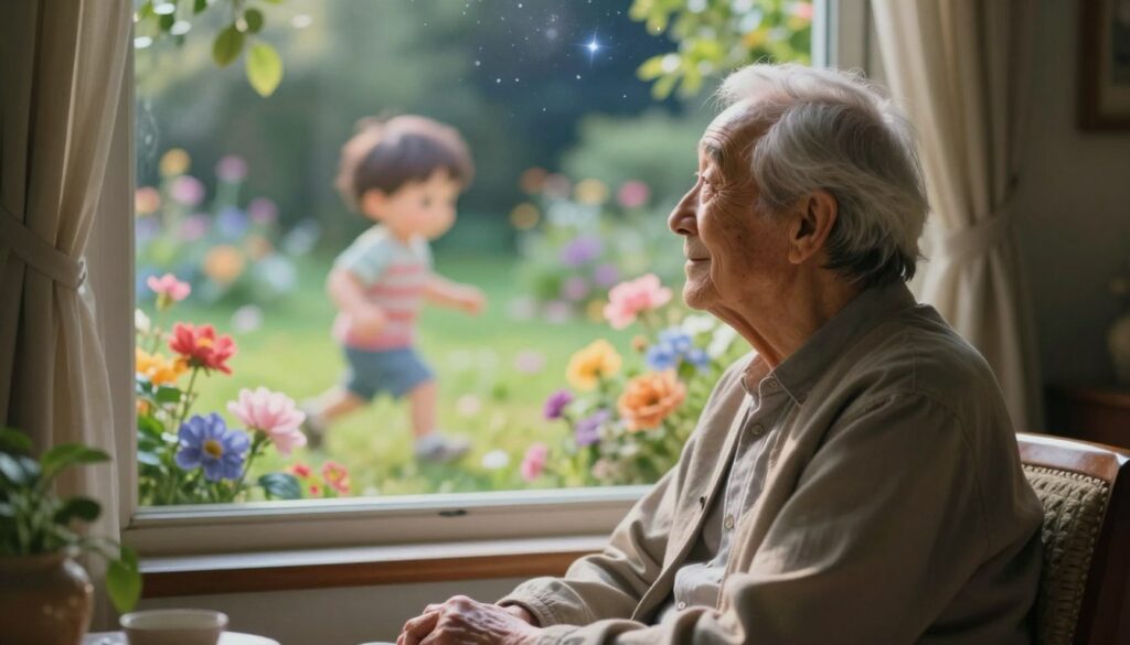 A serene, dreamlike scene depicting a wise, elderly figure sitting in a cozy, softly-lit room, gazing thoughtfully out of a window where vibrant, ethereal images of a young boy play in the garden outside. The foreground shows the elderly figure, wearing modest, comfortable clothing, with gentle facial features reflecting a mix of nostalgia and joy. In the middle ground, the window frame hints at a lush garden with colorful flowers and soft, glowing sunlight filtering through. The background fades softly into a blurred view of a night sky filled with stars, symbolizing the spiritual and psychological connections in dreams. The overall mood is peaceful and contemplative, emphasizing the deep emotional significance of dreams about grandchildren. A serene, dreamlike scene depicting a wise, elderly figure sitting in a cozy, softly-lit room, gazing thoughtfully out of a window where vibrant, ethereal images of a young boy play in the garden outside. The foreground shows the elderly figure, wearing modest, comfortable clothing, with gentle facial features reflecting a mix of nostalgia and joy. In the middle ground, the window frame hints at a lush garden with colorful flowers and soft, glowing sunlight filtering through. The background fades softly into a blurred view of a night sky filled with stars, symbolizing the spiritual and psychological connections in dreams. The overall mood is peaceful and contemplative, emphasizing the deep emotional significance of dreams about grandchildren.