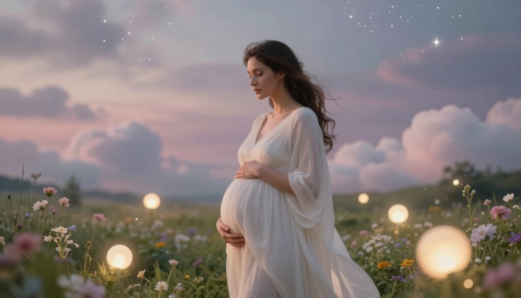 A serene dreamlike scene depicting a woman standing in a lush, ethereal dreamscape, symbolizing the interpretation of dreams about pregnancy. In the foreground, the woman, dressed in a flowing, modest white gown, gently cradles her rounded belly with a look of contemplation. Surrounding her are soft, glowing orbs of light that represent various dreams and interpretations swirling around her. In the middle ground, whimsical clouds and delicate flowers bloom, evoking a sense of hope and transformation. The background features a soft-focus celestial sky painted in pastel colors, with twinkling stars that illuminate the scene. The atmosphere is calm and reflective, capturing the introspective nature of dreams. The lighting is soft and warm, enhancing the dreamlike quality of the image.