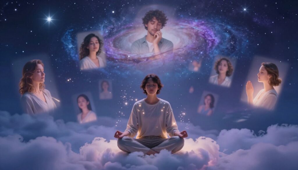 A serene dreamscape depicting a person meditating in a tranquil environment to evoke lucid dreams about others. In the foreground, a figure sits cross-legged on a soft cloud, wearing comfortable, modest casual clothing, eyes closed, surrounded by shimmering, ethereal lights that symbolize thoughts and emotions. The middle ground features floating, surreal images of loved ones and cherished memories, gently illuminated by a soft, warm glow, evoking nostalgia and connection. In the background, a peaceful night sky filled with stars and gentle swirling galaxies creates a sense of wonder and limitless possibilities. The overall mood is calm and reflective, with a blue and purple color palette enhancing the dreamy atmosphere, soft focus, and diffused lighting to create a mystical feel.