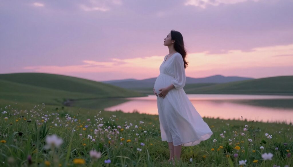 A serene dreamscape illustrating the theme of pregnancy as inspiration, featuring a woman in a soft, flowing white dress, standing gracefully in a lush meadow under a twilight sky filled with pastel colors. In the foreground, delicate wildflowers bloom around her feet, symbolizing new beginnings. The middle ground shows gentle hills and a serene lake reflecting the enchanting colors of the sky. Soft, ethereal lighting creates a calming and uplifting atmosphere, enhancing the feeling of hope and possibility. The camera angle is slightly elevated, capturing the woman’s contemplative gaze toward the horizon, symbolizing her aspirations and the new possibilities inspired by her dreams. The overall mood is peaceful and inspiring, evoking a sense of tranquility and inspiration for future projects.
