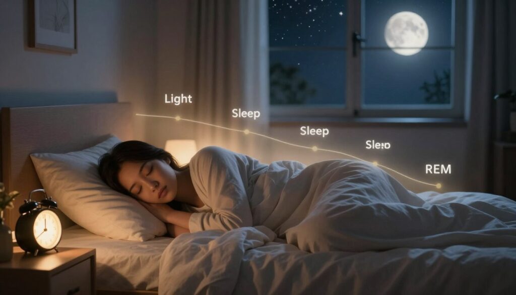 A serene nighttime scene illustrating the stages of sleep, highlighting cyclical phases like light sleep, deep sleep, and REM. In the foreground, a cozy bedroom with a neatly made bed and soft bedding, featuring a bedside table with a glowing alarm clock. The middle ground showcases a silhouette of a person peacefully sleeping, wrapped in a calm aura, indicating tranquility and restfulness. In the background, a window reveals a starry sky and a gentle moonlight casting a soft glow into the room. The lighting is warm and soft, evoking a sense of comfort and relaxation. The atmosphere is peaceful and dreamlike, portraying the importance of sleep phases and their impact on restorative rest. A serene nighttime scene illustrating the stages of sleep, highlighting cyclical phases like light sleep, deep sleep, and REM. In the foreground, a cozy bedroom with a neatly made bed and soft bedding, featuring a bedside table with a glowing alarm clock. The middle ground showcases a silhouette of a person peacefully sleeping, wrapped in a calm aura, indicating tranquility and restfulness. In the background, a window reveals a starry sky and a gentle moonlight casting a soft glow into the room. The lighting is warm and soft, evoking a sense of comfort and relaxation. The atmosphere is peaceful and dreamlike, portraying the importance of sleep phases and their impact on restorative rest.