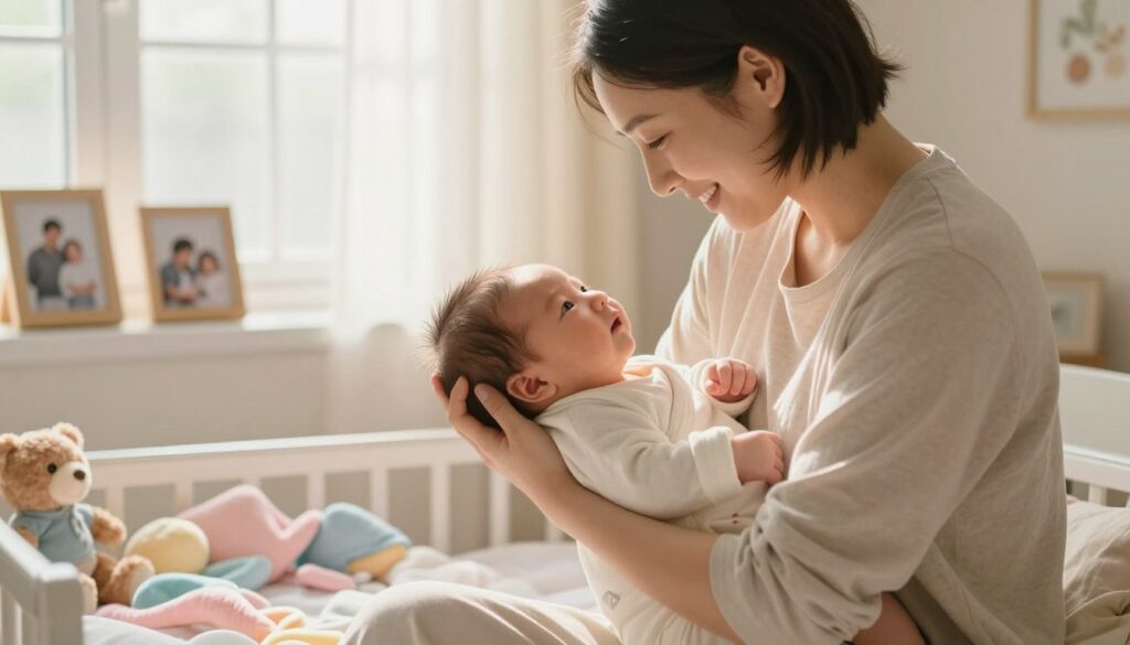 A serene, softly lit scene featuring a tranquil nursery with an adorable newborn being cradled in the arms of a smiling caregiver. The caregiver, dressed in modest casual clothing, gazes lovingly at the baby, symbolizing care and change. In the foreground, pastel-colored blankets and gentle toys create a warm atmosphere. The middle ground shows a softly illuminated window with sheer curtains, allowing natural sunlight to filter in, casting a golden glow. In the background, delicate framed photographs of family moments hint at transformation and growth. The overall mood is peaceful and hopeful, evoking feelings of new beginnings and emotional connection.