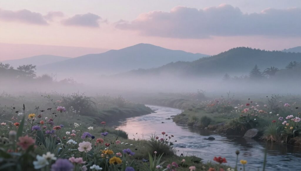 A serene yet somber dreamscape depicting a tranquil, ethereal landscape representing the context of a miscarriage. In the foreground, a delicate, mist-covered garden filled with soft, muted flowers, symbolizing lost potential. In the middle ground, a gently flowing stream that reflects the pale light of a soft dawn, illustrating both hope and sorrow. The background features distant, hazy mountains under a cloudy sky painted with shades of pastel pink and blue, evoking a dreamlike quality. The lighting is soft and diffused, creating a calm and reflective atmosphere. The composition is framed from a slightly elevated perspective, capturing the expansiveness of the scene, encouraging contemplation and introspection on the themes of loss and transition.