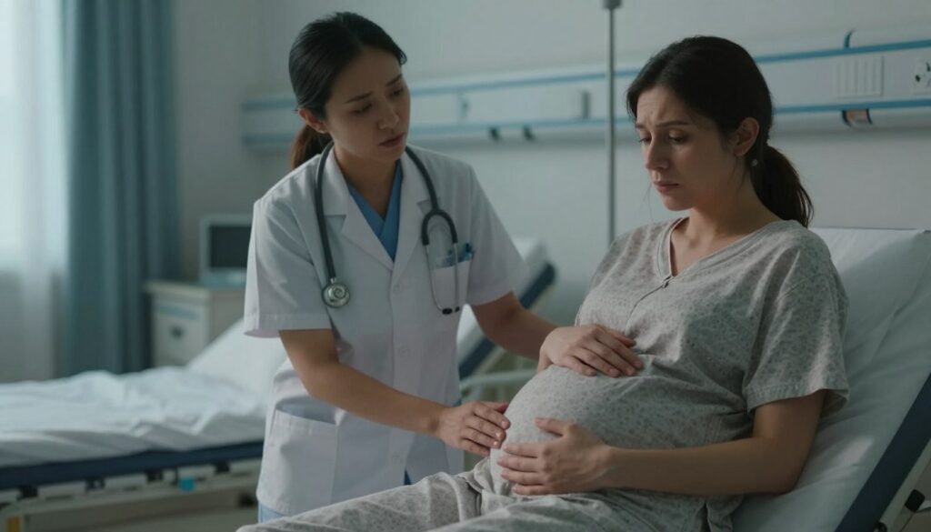 A somber yet reflective scene set in a softly lit hospital room during the third trimester of pregnancy. In the foreground, a woman dressed in modest hospital attire sits on an examination table, her expression a mix of concern and contemplation. Her hands rest gently on her abdomen, symbolizing the deep emotional connection to her pregnancy. In the middle ground, a healthcare provider in a professional outfit stands nearby, offering support and comfort, conveying a sense of empathy and care. The background features serene, muted colors with subtle medical equipment, creating a calm atmosphere. Soft, diffused lighting illuminates the scene, enhancing the emotional depth and quiet dignity of the moment, capturing the theme of transformation and loss.