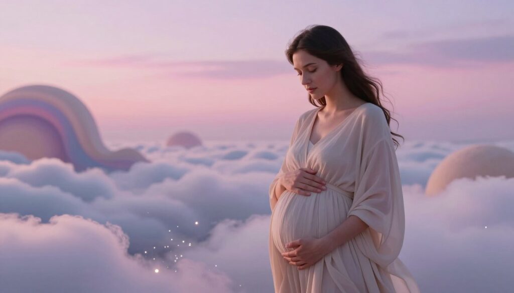 A surreal and dreamlike interpretation of a pregnancy scene in a dream state. In the foreground, a woman wearing modest, flowing clothing stands gently cradling her stomach, with a serene expression on her face, symbolizing peace and reflection. Her surroundings are a soft, ethereal landscape with billowing clouds and shimmering light, creating a magical atmosphere. In the middle ground, abstract shapes and soft colors swirl around, representing the hopes and fears associated with pregnancy dreams. The background features a twilight sky, filled with pastel tones of pink and lavender, suggesting a dream world. The soft, diffuse lighting gives a warm glow, enhancing the overall sense of tranquility and introspection in this beautifully illustrative vision.