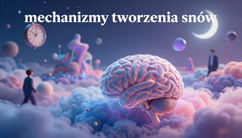 A surreal and dreamy landscape representing "mechanizmy tworzenia snów." In the foreground, a translucent human brain, surrounded by swirling clouds of vibrant colors like blues, purples, and pinks, symbolizes thought and creativity. In the middle ground, various dream-like elements, such as floating clocks, abstract shapes, and ethereal figures in professional attire, interact harmoniously, illustrating the dynamic nature of dreams. The background features a soft-focus, starry night sky with a crescent moon casting gentle light, enhancing the mystical atmosphere. The scene should be lit with soft, ethereal lighting to evoke a sense of wonder and introspection. The angle is slightly tilted, creating a whimsical perspective. The overall mood is reflective, imaginative, and serene, emphasizing the intricate processes of dream creation and interpretation. A surreal and dreamy landscape representing "mechanizmy tworzenia snów." In the foreground, a translucent human brain, surrounded by swirling clouds of vibrant colors like blues, purples, and pinks, symbolizes thought and creativity. In the middle ground, various dream-like elements, such as floating clocks, abstract shapes, and ethereal figures in professional attire, interact harmoniously, illustrating the dynamic nature of dreams. The background features a soft-focus, starry night sky with a crescent moon casting gentle light, enhancing the mystical atmosphere. The scene should be lit with soft, ethereal lighting to evoke a sense of wonder and introspection. The angle is slightly tilted, creating a whimsical perspective. The overall mood is reflective, imaginative, and serene, emphasizing the intricate processes of dream creation and interpretation.