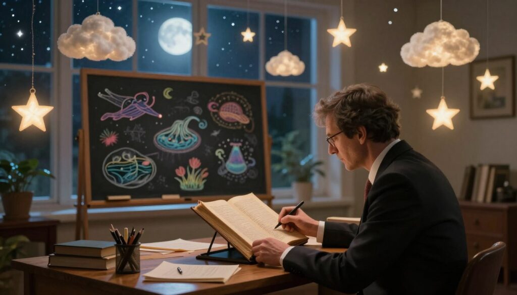 A surreal dream interpretation scene set in a softly lit room surrounded by floating, glowing dream symbols such as clouds, stars, and open books. In the foreground, a knowledgeable figure in professional attire sits at a wooden desk, examining an ancient dream dictionary and writing notes. The middle ground features a chalkboard filled with colorful sketches representing common dream themes like flying, falling, and underwater experiences. In the background, a window reveals a whimsical night sky, filled with a full moon and twinkling stars that create a mystical aura. The overall atmosphere is contemplative and inviting, with warm, diffused lighting casting gentle shadows, evoking a sense of wonder and curiosity about the nature of dreams. A surreal dream interpretation scene set in a softly lit room surrounded by floating, glowing dream symbols such as clouds, stars, and open books. In the foreground, a knowledgeable figure in professional attire sits at a wooden desk, examining an ancient dream dictionary and writing notes. The middle ground features a chalkboard filled with colorful sketches representing common dream themes like flying, falling, and underwater experiences. In the background, a window reveals a whimsical night sky, filled with a full moon and twinkling stars that create a mystical aura. The overall atmosphere is contemplative and inviting, with warm, diffused lighting casting gentle shadows, evoking a sense of wonder and curiosity about the nature of dreams.