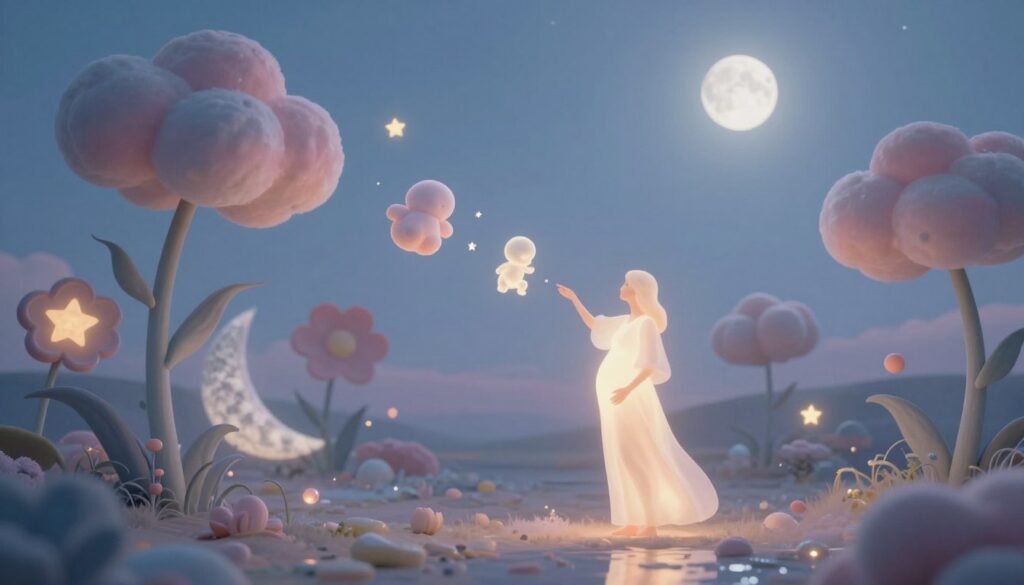 A surreal interpretation of unexpected dreams about pregnancy, featuring an ethereal landscape filled with dreamlike elements. In the foreground, a gentle, glowing figure represents a person in a modest, flowing gown, interacting with abstract symbols of pregnancy, such as floating baby items and soft, pastel-colored clouds. The middle ground showcases whimsical, oversized flowers and celestial objects like stars and moons, symbolizing the hopes and anxieties surrounding parenthood. In the background, a tranquil night sky illuminated by soft moonlight adds a serene ambiance, casting subtle reflections on the ground. The scene captures a surreal dream-like quality, inviting contemplation and curiosity. The lighting is soft and diffused, enhancing the peaceful yet intriguing atmosphere of the image.