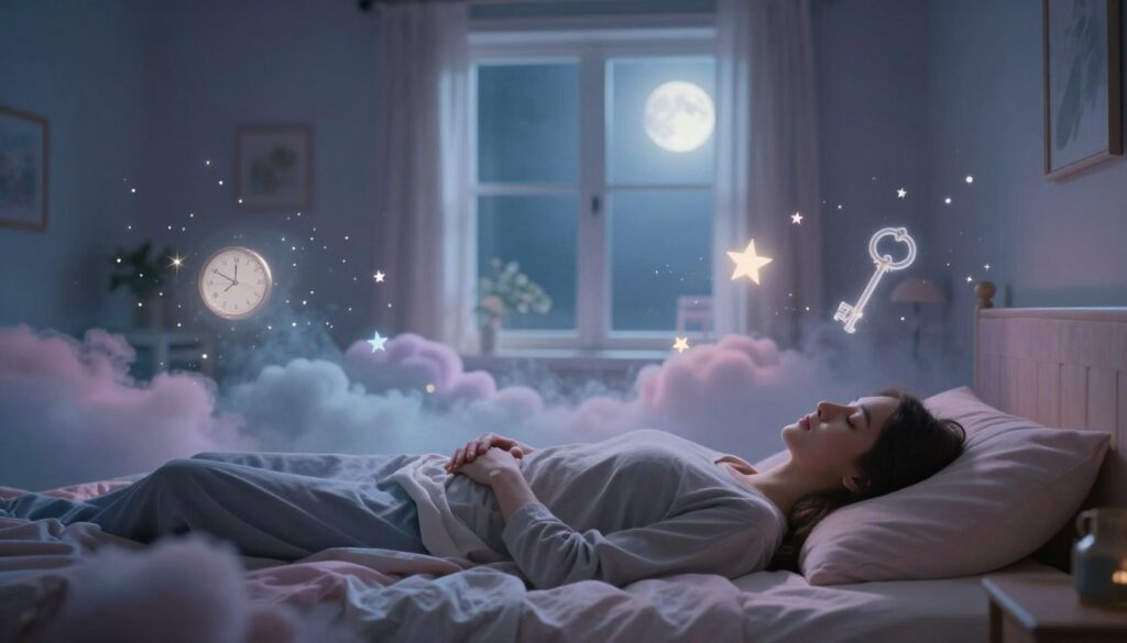 A surreal scene depicting the phenomena of lucid dreaming, showcasing a dreamer in a tranquil bedroom setting, lying on a soft bed surrounded by floating ethereal symbols like clocks, keys, and stars representing consciousness. In the foreground, the dreamer, a young adult in modest casual clothing, appears calm and relaxed, their eyes gently closed, embodying serenity. The middle layer features a translucent dream-like landscape merging with the room, filled with soft pastel colors and wisps of clouds that blend seamlessly into the night sky, sprinkled with twinkling stars. The background shows a softly lit window revealing a luminous moon, casting gentle shadows in the room. The atmosphere is mysterious yet calming, evoking a sense of wonder and introspection, with soft, diffused lighting enveloping the entire scene.