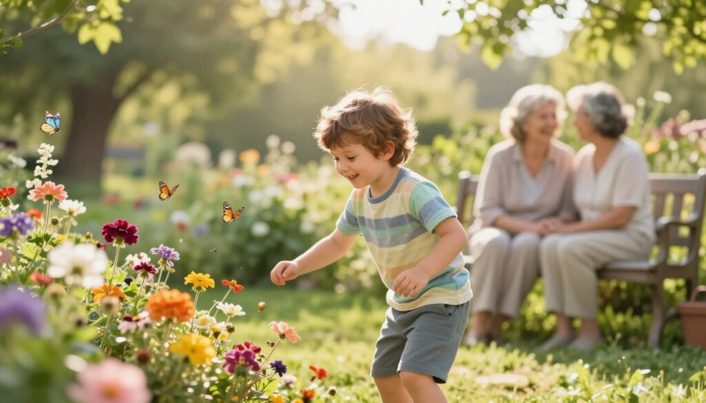 A warm and inviting scene featuring a young boy, symbolizing new beginnings, playing joyfully in a sunlit garden. In the foreground, the boy is smiling, wearing a modest, colorful t-shirt and shorts, engaged with vibrant flowers and fluttering butterflies. In the middle ground, a loving grandmother watches from a cozy garden bench, her smile radiating affection, embodying family bonds. The background showcases a serene landscape with soft rays of sunlight filtering through lush green trees, creating a peaceful ambiance. The overall mood is one of happiness and connection, captured with soft focus to enhance the emotions of warmth and familial love, and using a gentle light that emphasizes the joy of new beginnings. A warm and inviting scene featuring a young boy, symbolizing new beginnings, playing joyfully in a sunlit garden. In the foreground, the boy is smiling, wearing a modest, colorful t-shirt and shorts, engaged with vibrant flowers and fluttering butterflies. In the middle ground, a loving grandmother watches from a cozy garden bench, her smile radiating affection, embodying family bonds. The background showcases a serene landscape with soft rays of sunlight filtering through lush green trees, creating a peaceful ambiance. The overall mood is one of happiness and connection, captured with soft focus to enhance the emotions of warmth and familial love, and using a gentle light that emphasizes the joy of new beginnings.