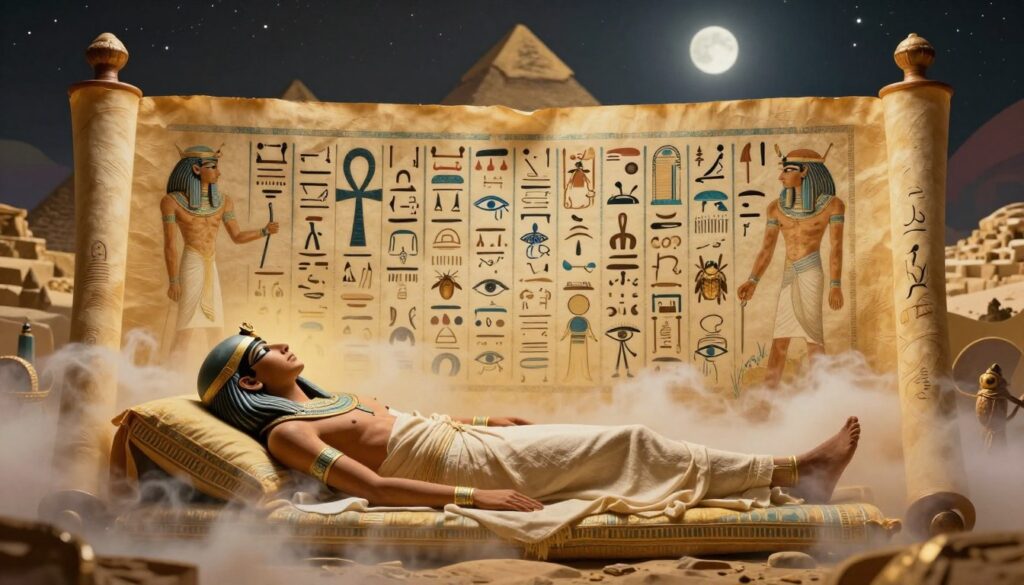 An ancient Egyptian dream interpretation scene, featuring a richly decorated scroll with intricate hieroglyphs and symbolic images, such as the Ankh, Eye of Horus, and scarabs. In the foreground, a detailed representation of a dreamer lying on a bed, draped in modest traditional Egyptian linen, surrounded by ethereal wisps of fog that suggest dreams in motion. The middle ground displays a serene landscape of pyramids under a starry night sky, with a soft moonlight illuminating the scene, creating a mystical atmosphere. The background features abstract shapes and colors that symbolize various emotions and experiences, blending seamlessly into the setting. Use warm, golden tones to enhance the dreamlike quality, with lighting focused on the scroll to draw attention to the ancient symbols. An ancient Egyptian dream interpretation scene, featuring a richly decorated scroll with intricate hieroglyphs and symbolic images, such as the Ankh, Eye of Horus, and scarabs. In the foreground, a detailed representation of a dreamer lying on a bed, draped in modest traditional Egyptian linen, surrounded by ethereal wisps of fog that suggest dreams in motion. The middle ground displays a serene landscape of pyramids under a starry night sky, with a soft moonlight illuminating the scene, creating a mystical atmosphere. The background features abstract shapes and colors that symbolize various emotions and experiences, blending seamlessly into the setting. Use warm, golden tones to enhance the dreamlike quality, with lighting focused on the scroll to draw attention to the ancient symbols.
