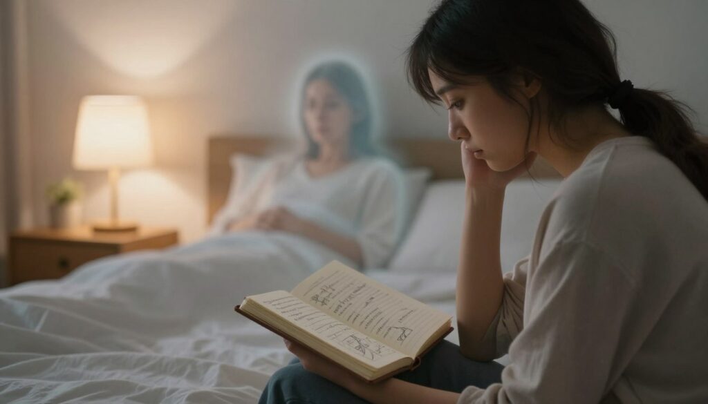 A deeply introspective scene illustrating the psychological analysis of dreams about a mother. In the foreground, a thoughtful person sits on a bed, gazing at an open dream journal filled with sketches and notes, reflecting a blend of emotions. The middle ground features a soft, ethereal depiction of a mother figure, slightly transparent, symbolizing memory, love, and loss, surrounded by a faint glow that suggests warmth and comfort. The background reveals a serene bedroom, with soft lighting emanating from a bedside lamp, casting gentle shadows. The atmosphere is contemplative and tranquil, evoking a sense of reflection and emotional depth. The image captures the essence of dreams as a bridge between reality and the subconscious, without any text or distracting elements. A deeply introspective scene illustrating the psychological analysis of dreams about a mother. In the foreground, a thoughtful person sits on a bed, gazing at an open dream journal filled with sketches and notes, reflecting a blend of emotions. The middle ground features a soft, ethereal depiction of a mother figure, slightly transparent, symbolizing memory, love, and loss, surrounded by a faint glow that suggests warmth and comfort. The background reveals a serene bedroom, with soft lighting emanating from a bedside lamp, casting gentle shadows. The atmosphere is contemplative and tranquil, evoking a sense of reflection and emotional depth. The image captures the essence of dreams as a bridge between reality and the subconscious, without any text or distracting elements.