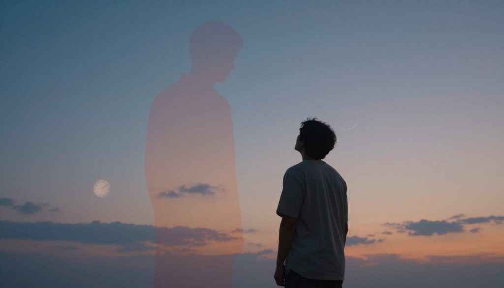 A dreamlike scene depicting a father figure in a symbolic, ethereal landscape. In the foreground, a contemplative person stands, gazing thoughtfully at a shadowy silhouette of the father, representing guidance and wisdom. The father figure appears as a gentle, translucent presence, illuminated with soft, warm hues that evoke nostalgia and serenity. The middle ground features dream elements like floating clocks and wispy clouds, suggesting the passage of time and subconscious thoughts. In the background, a serene twilight sky blends with subtle stars, reinforcing the mysterious and introspective atmosphere. The lighting is soft and diffused, creating a tranquil mood, while the overall color palette utilizes cool blues and warm oranges. The angle is slightly elevated, offering a sense of depth and perspective to the scene. A dreamlike scene depicting a father figure in a symbolic, ethereal landscape. In the foreground, a contemplative person stands, gazing thoughtfully at a shadowy silhouette of the father, representing guidance and wisdom. The father figure appears as a gentle, translucent presence, illuminated with soft, warm hues that evoke nostalgia and serenity. The middle ground features dream elements like floating clocks and wispy clouds, suggesting the passage of time and subconscious thoughts. In the background, a serene twilight sky blends with subtle stars, reinforcing the mysterious and introspective atmosphere. The lighting is soft and diffused, creating a tranquil mood, while the overall color palette utilizes cool blues and warm oranges. The angle is slightly elevated, offering a sense of depth and perspective to the scene.