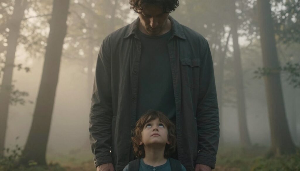 A dreamlike scene depicting a figure of a father, portrayed as a gentle giant, standing in a misty forest. In the foreground, a child looks up with a mixture of confusion and curiosity. The father's face is partially obscured by shadows, embodying the complexities of missing connection. In the background, soft, ethereal light filters through the trees, casting a serene glow that suggests hope and longing. The atmosphere is reflective and melancholic, evoking deep emotions tied to memories and the symbolism of paternal relationships. The composition is shot from a low angle to enhance the father's towering presence, with an emphasis on warm colors to create a comforting yet poignant feeling.