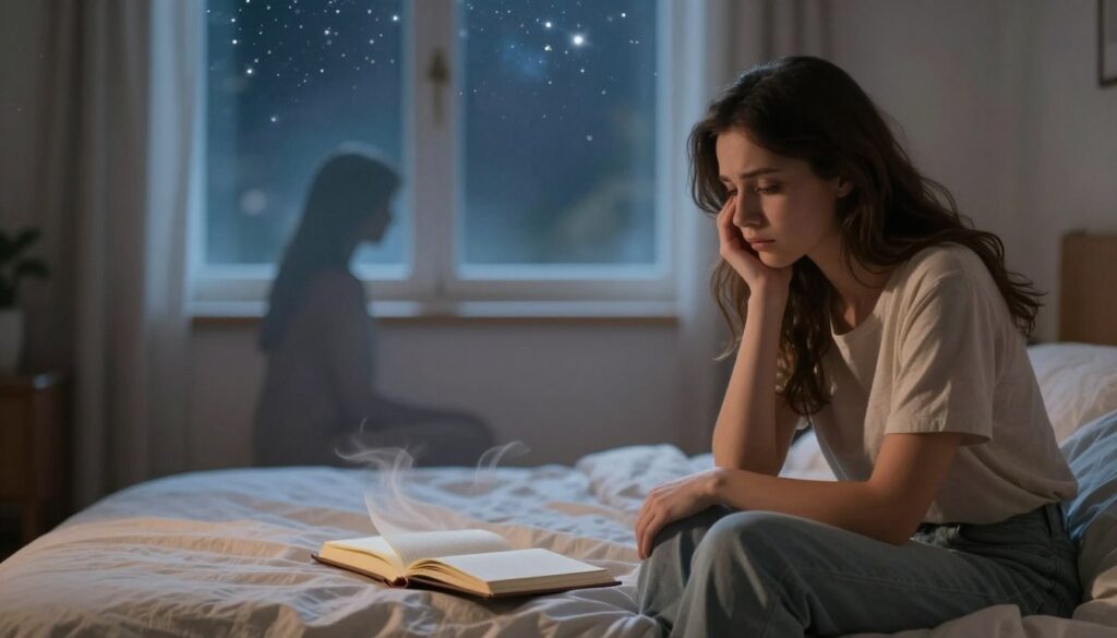 A dreamlike scene depicting a serene bedroom at twilight, bathed in soft, warm light. In the foreground, a woman in modest casual clothing sits on the edge of a neatly made bed, her expression a mixture of concern and contemplation. On the bed beside her lies an open dream journal, its pages fluttering gently as if caught in a light breeze. In the middle ground, a shadowy figure of an ethereal mother appears, gazing supportively at her daughter, symbolizing both comfort and the weight of the dream's theme. The background features a softly blurred window revealing a tranquil night sky filled with twinkling stars. This scene captures a haunting yet peaceful mood, reflecting the complexity of emotions associated with the dream. A dreamlike scene depicting a serene bedroom at twilight, bathed in soft, warm light. In the foreground, a woman in modest casual clothing sits on the edge of a neatly made bed, her expression a mixture of concern and contemplation. On the bed beside her lies an open dream journal, its pages fluttering gently as if caught in a light breeze. In the middle ground, a shadowy figure of an ethereal mother appears, gazing supportively at her daughter, symbolizing both comfort and the weight of the dream's theme. The background features a softly blurred window revealing a tranquil night sky filled with twinkling stars. This scene captures a haunting yet peaceful mood, reflecting the complexity of emotions associated with the dream.