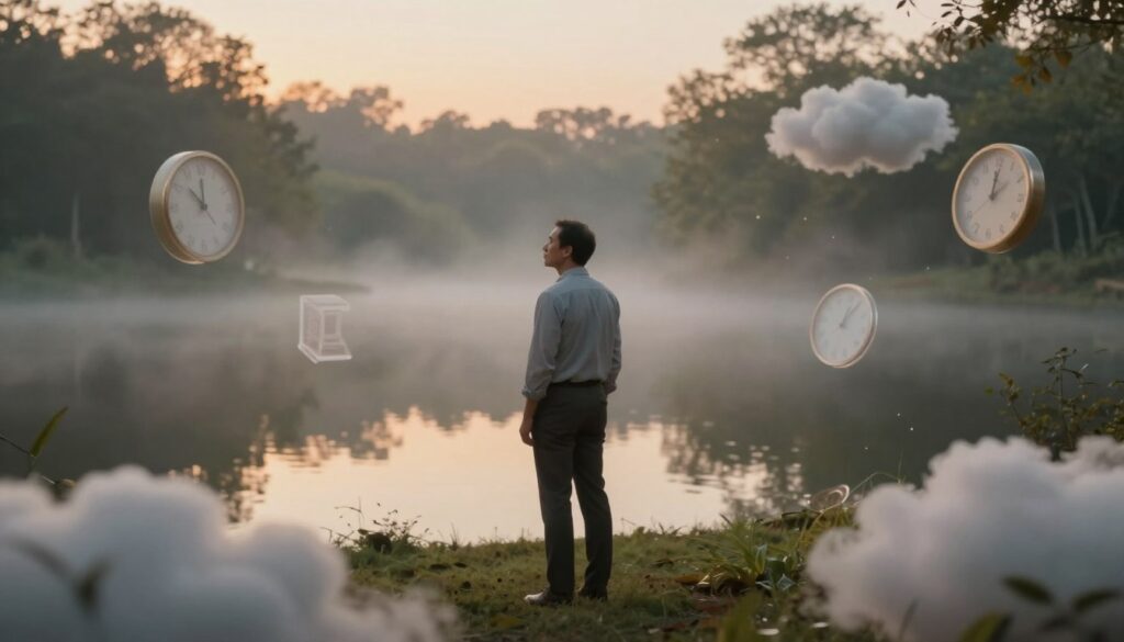 A dreamlike, surreal landscape depicting a father figure standing in a gentle, ethereal light. In the foreground, a man in modest professional attire looks contemplative, surrounded by floating, semi-transparent dream symbols like clocks, blurred memories, and soft clouds, representing psychological aspects of dreams. The middle ground features a serene lake reflecting the father's silhouette, symbolizing emotions and subconscious thoughts. In the background, a soft, misty forest creates a tranquil atmosphere, with trees softly illuminated by twilight. The lighting is warm and inviting, capturing a blend of nostalgia and introspection. The angle is slightly low to emphasize the father as a larger-than-life presence within the dream context, evoking a sense of depth and emotional complexity. A dreamlike, surreal landscape depicting a father figure standing in a gentle, ethereal light. In the foreground, a man in modest professional attire looks contemplative, surrounded by floating, semi-transparent dream symbols like clocks, blurred memories, and soft clouds, representing psychological aspects of dreams. The middle ground features a serene lake reflecting the father's silhouette, symbolizing emotions and subconscious thoughts. In the background, a soft, misty forest creates a tranquil atmosphere, with trees softly illuminated by twilight. The lighting is warm and inviting, capturing a blend of nostalgia and introspection. The angle is slightly low to emphasize the father as a larger-than-life presence within the dream context, evoking a sense of depth and emotional complexity.