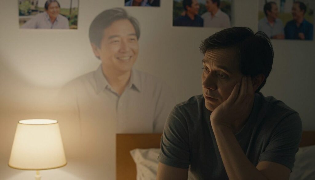 A poignant scene depicting the dream of a father with whom there is no contact, focusing on emotions of longing and introspection. In the foreground, a contemplative figure sits in a dimly lit room, the soft glow of a bedside lamp illuminating their thoughtful expression. The middle ground features a dreamlike image of a father figure, slightly ethereal, dressed in a casual button-up shirt, smiling warmly but remaining intangible, signifying distance. In the background, faded photographs of the father in moments of joy and laughter blend into the wall, representing cherished memories yet lost. The atmosphere is filled with a blend of nostalgia and melancholy, capturing a moment of reflection. Use soft, warm lighting to enhance the emotional depth, with a shallow depth of field to draw focus on the subjects.