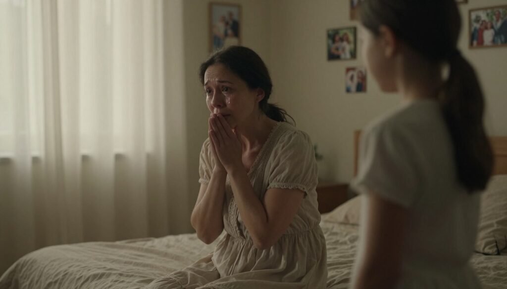 A poignant scene of a deceased mother in a softly lit room, embodying sorrow as she sits on a bed with her hands clasped, tears glistening on her cheeks. The mother's expression reflects sadness and longing, dressed in a delicate, modest gown. In the foreground, a blurred figure of an adult child stands, conveying a sense of loss and yearning, their features faintly visible but filled with emotion. The middle ground shows gentle lighting filtering through sheer curtains, casting a warm, ethereal glow that contrasts with the somber mood. In the background, family photographs and soft memories adorn the walls, enhancing the atmosphere of nostalgic grief. The overall tone is somber yet tender, evoking deep reflection on love and loss. A poignant scene of a deceased mother in a softly lit room, embodying sorrow as she sits on a bed with her hands clasped, tears glistening on her cheeks. The mother's expression reflects sadness and longing, dressed in a delicate, modest gown. In the foreground, a blurred figure of an adult child stands, conveying a sense of loss and yearning, their features faintly visible but filled with emotion. The middle ground shows gentle lighting filtering through sheer curtains, casting a warm, ethereal glow that contrasts with the somber mood. In the background, family photographs and soft memories adorn the walls, enhancing the atmosphere of nostalgic grief. The overall tone is somber yet tender, evoking deep reflection on love and loss.