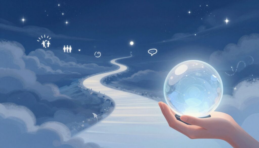 A serene, abstract illustration representing the concept of dream interpretation in a step-by-step process. In the foreground, a pair of hands gently holds a glowing crystal ball, symbolizing insight and clarity. In the middle ground, a softly illuminated path winds upwards, surrounded by ethereal dream-like imagery including wisps of clouds, floating symbols representing various dream themes (like symbols of family, knowledge, and emotions). The background features a tranquil night sky filled with twinkling stars, casting a calming blue hue over the scene. The lighting is soft and mystical, evoking a sense of wonder and introspection. This image should convey a peaceful and enlightening atmosphere, inviting viewers to explore the depths of their dreams.