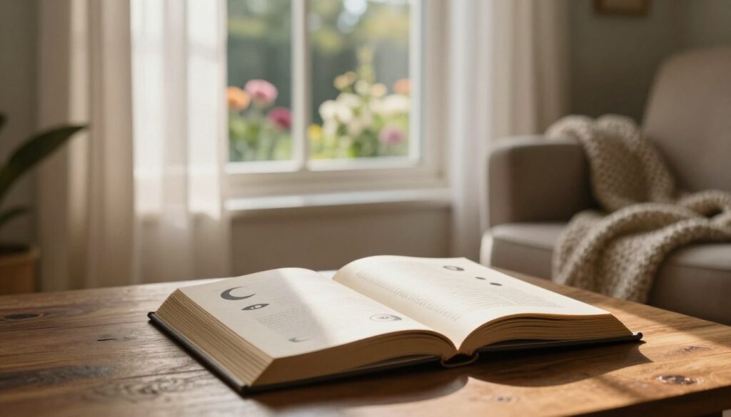 A serene and contemplative room setting featuring an open book with dream symbols, such as a crescent moon and abstract shapes, lying on a wooden table. In the foreground, a cozy armchair is partially visible, draped with a knitted blanket, symbolizing comfort. In the middle ground, a window allows soft morning light to filter through sheer curtains, illuminating the book and casting gentle shadows, creating an inviting atmosphere. In the background, a peaceful garden can be seen through the window, filled with blooming flowers and greenery, representing the connection between dreams and reality. The overall mood is reflective and thoughtful, encouraging viewers to ponder the relationship between dreams and life's real challenges. Use a warm color palette with a soft focus, akin to a shot taken with a 50mm lens for intimacy.