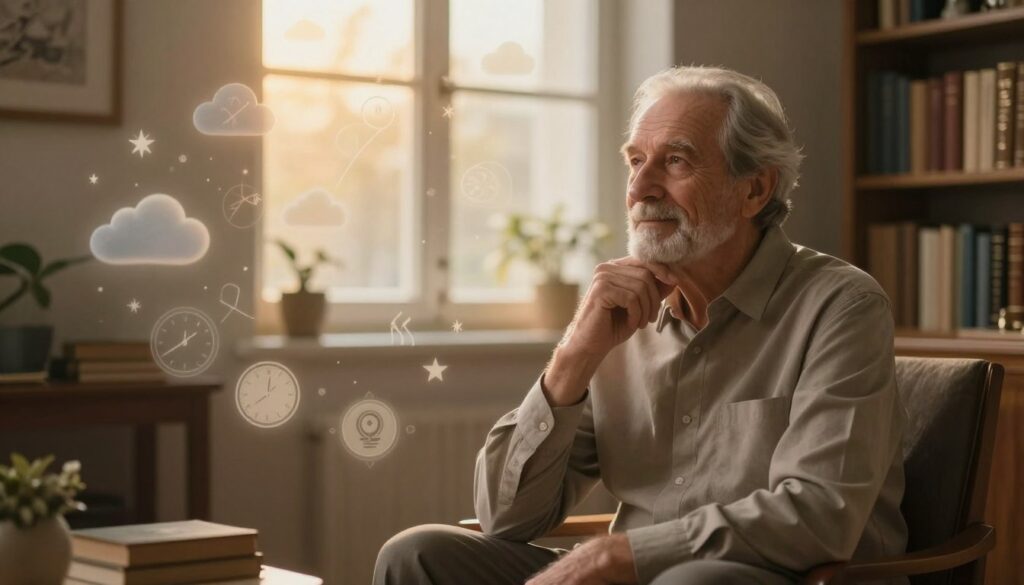 A serene and contemplative scene depicting a dream interpretation setting. In the foreground, a wise older man in a professional, modest outfit, sitting thoughtfully, with a gentle smile, surrounded by mystical symbols and dream imagery. In the middle ground, a semi-transparent overlay of various dream symbols like clouds, clocks, and stars, blending softly into the atmosphere. The background features a softly lit, cozy study filled with books, a large window letting in warm, golden light, creating a calming ambiance. The mood is reflective and insightful, evoking a sense of understanding and connection with one's dreams. The composition captures the essence of interpreting a message from a deceased loved one, full of warmth and wisdom.
