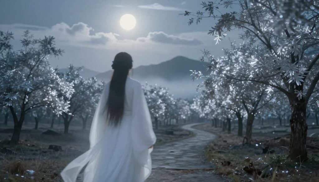 A serene and contemplative scene representing the symbolism of dreams about deceased individuals. In the foreground, a softly lit ethereal figure, dressed in flowing white garments, appears gently fading into a soft glow, symbolizing the transition between life and the afterlife. The middle ground features a tranquil landscape with a winding path lined by silvery trees, their leaves shimmering under the pale moonlight. Wispy clouds drift across the sky, enhancing the dreamlike quality of the atmosphere. The background includes distant mountains shrouded in mist, adding depth and a sense of mystery. The overall mood is reflective and peaceful, evoking a sense of connection and remembrance. Capture the image with a soft focus lens, highlighting the ethereal quality, while ensuring the scene is harmonious and balanced. A serene and contemplative scene representing the symbolism of dreams about deceased individuals. In the foreground, a softly lit ethereal figure, dressed in flowing white garments, appears gently fading into a soft glow, symbolizing the transition between life and the afterlife. The middle ground features a tranquil landscape with a winding path lined by silvery trees, their leaves shimmering under the pale moonlight. Wispy clouds drift across the sky, enhancing the dreamlike quality of the atmosphere. The background includes distant mountains shrouded in mist, adding depth and a sense of mystery. The overall mood is reflective and peaceful, evoking a sense of connection and remembrance. Capture the image with a soft focus lens, highlighting the ethereal quality, while ensuring the scene is harmonious and balanced.