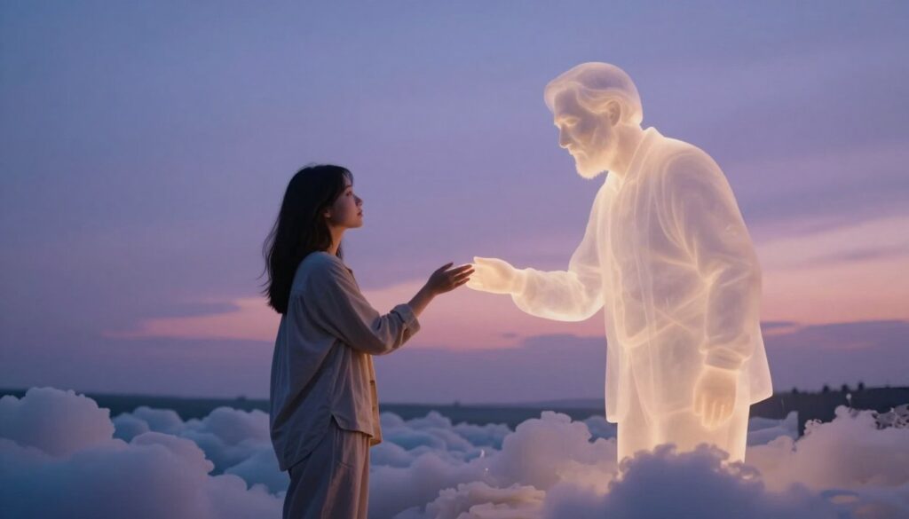 A serene and dreamlike scene depicting a person interacting with a deceased loved one in a surreal landscape. In the foreground, a young woman in modest, casual clothing stands with a gentle expression, her hand reaching out to touch the ethereal figure of an older man, who resembles a comforting presence, appearing translucent and glowing. The middle ground features soft, flowing clouds and surreal floating elements, symbolizing the boundary between dreams and reality. The background fades into a tranquil twilight sky, filled with soft hues of purple and blue, adding to the dreamlike quality. The atmosphere is calm and introspective, illuminated by a warm, ethereal light. The composition is viewed from a slightly low angle to enhance the emotional connection between the figures.