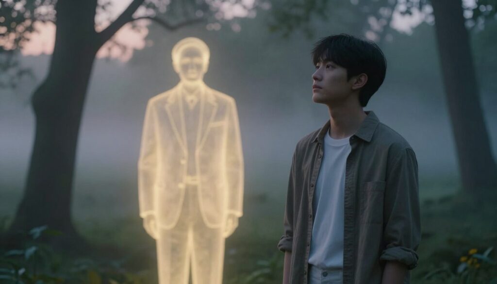 A serene and emotional scene depicting a son in a peaceful dream state, standing in a misty twilight forest. In the foreground, the son, a young adult in modest casual clothing, gazes thoughtfully into the distance. In the middle ground, a gentle apparition of his deceased father, dressed in a classic suit, emanates a warm, glowing light. The father’s expression is kind and reassuring, symbolizing presence and guidance. The background features soft, blurred trees and ethereal light filtering through the branches, creating a tranquil and reflective atmosphere. The scene is illuminated by a soft dusk light, giving it a dreamlike quality. The composition should evoke feelings of nostalgia, connection, and reflection, emphasizing the bond between father and son in the context of memory and dreams. A serene and emotional scene depicting a son in a peaceful dream state, standing in a misty twilight forest. In the foreground, the son, a young adult in modest casual clothing, gazes thoughtfully into the distance. In the middle ground, a gentle apparition of his deceased father, dressed in a classic suit, emanates a warm, glowing light. The father’s expression is kind and reassuring, symbolizing presence and guidance. The background features soft, blurred trees and ethereal light filtering through the branches, creating a tranquil and reflective atmosphere. The scene is illuminated by a soft dusk light, giving it a dreamlike quality. The composition should evoke feelings of nostalgia, connection, and reflection, emphasizing the bond between father and son in the context of memory and dreams.