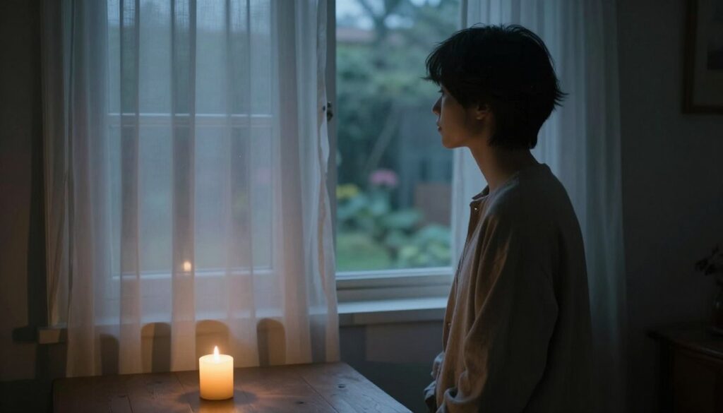 A serene and introspective scene depicting a young person standing in a dimly lit room, gazing out a window. The foreground features a gently glowing candle on a wooden table, casting warm light and shadows. In the middle, soft, translucent curtains sway with a light breeze, creating a subtle ethereal atmosphere. The background includes a faint silhouette of a cozy garden visible through the window, bathed in the soft dusk light. The overall mood is contemplative and nostalgic, suggesting a connection with memories of a deceased grandmother. The colors are muted, with soft blues and earthy tones, enhancing the dreamlike quality without any harsh lighting. No human subjects or text.