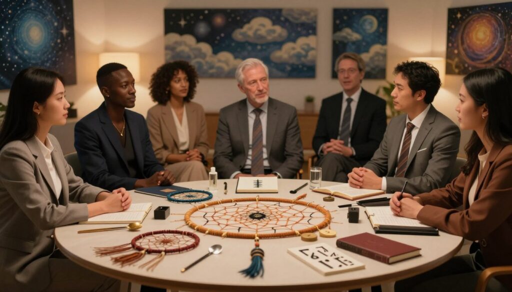 A serene and inviting dream interpretation scene, showcasing elements from various cultures. In the foreground, a round table displaying dream interpretation symbols from different traditions, like Native American dream catchers, ancient Egyptian hieroglyphs, and Japanese dream journals. In the middle ground, a diverse group of individuals in professional business attire, engaged in thoughtful discussion, representing different cultures – Asian, African, European, and Indigenous. In the background, a softly lit room with walls adorned by art depicting dream imagery, such as clouds and stars. Warm, ambient lighting creates a reflective mood, with soft shadows enhancing the atmosphere of contemplation. The image captures the essence of cultural diversity in understanding dreams, inviting viewers into the world of dream interpretation.