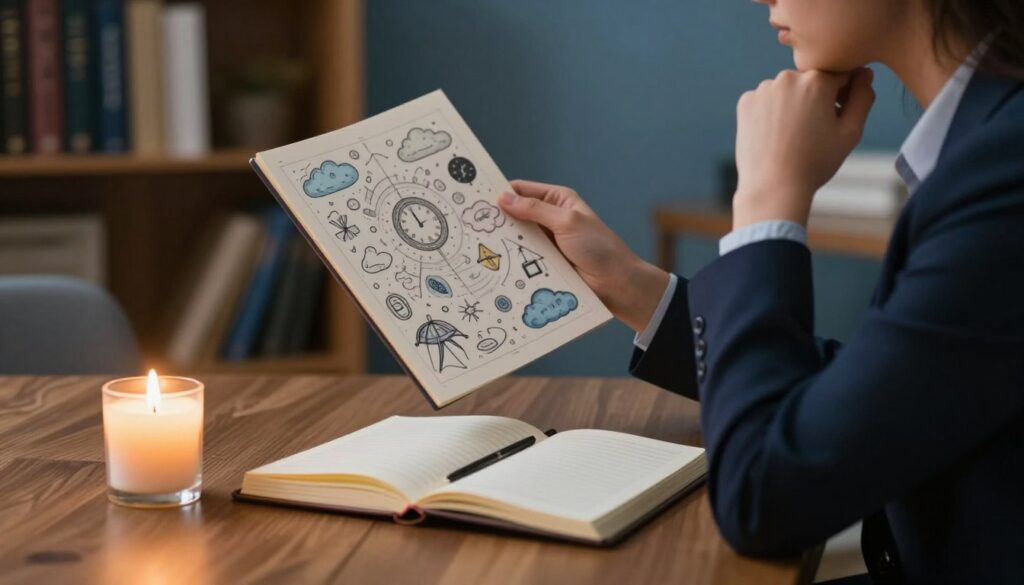 A serene and thought-provoking scene illustrating the concept of dream interpretation. In the foreground, a wooden table holds an open dream journal and a lit candle, casting a warm glow. The middle ground features a figure dressed in professional attire, contemplatively examining a dream symbol chart with intricate drawings of common dream motifs like clocks and clouds. In the background, a softly blurred bookshelf filled with books on psychology and dream analysis is visible. The lighting is soft and inviting, creating a calm atmosphere. The color palette is muted, with shades of blue and gold, evoking a sense of reflection and introspection. The angle is slightly above eye level, inviting the viewer into this peaceful moment of exploration.