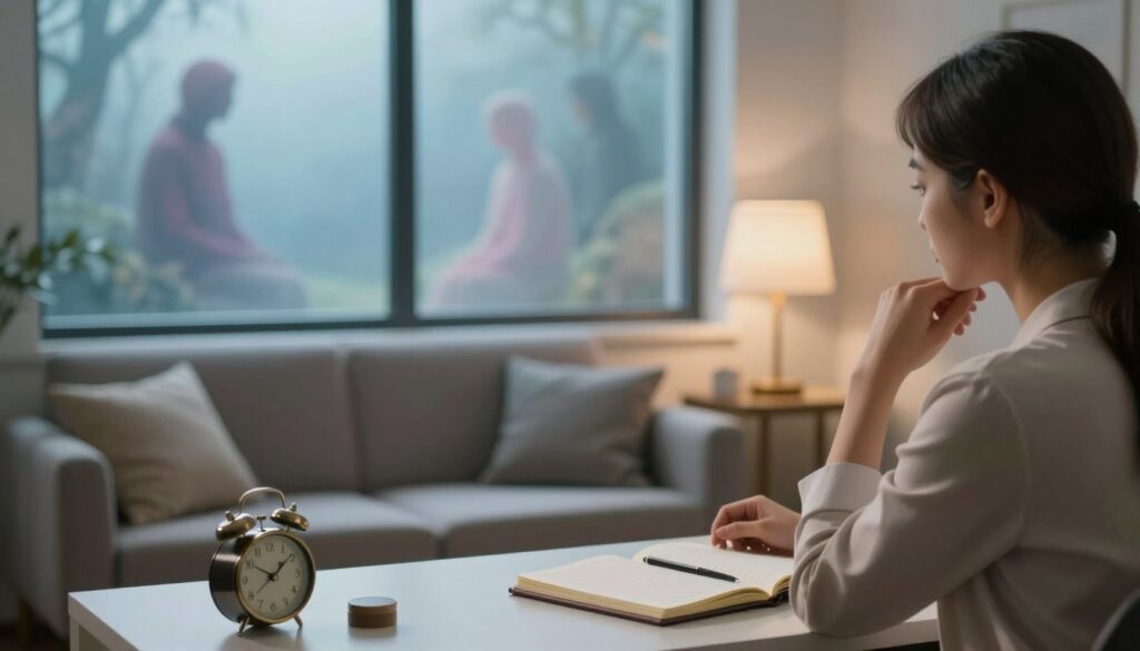 A serene, contemplative scene depicting a psychologist's office, where dreams of the deceased are analyzed. In the foreground, a thoughtful psychologist in professional attire is seated at a desk, surrounded by symbolic objects like a dream journal and a small clock. The middle ground features a comfortable chair for clients, soft cushions, and a warm lamp casting gentle light. The background showcases a window with a soft, dreamy landscape outside, hinting at ethereal figures representing the deceased, appearing as gentle, translucent forms. The overall mood is reflective and insightful, with a soothing color palette of soft blues and warm earth tones, emphasizing the connection between dreams and the psychological interpretation of grief and loss. The scene is captured from a slightly elevated angle, creating depth and focus on the introspective atmosphere. A serene, contemplative scene depicting a psychologist's office, where dreams of the deceased are analyzed. In the foreground, a thoughtful psychologist in professional attire is seated at a desk, surrounded by symbolic objects like a dream journal and a small clock. The middle ground features a comfortable chair for clients, soft cushions, and a warm lamp casting gentle light. The background showcases a window with a soft, dreamy landscape outside, hinting at ethereal figures representing the deceased, appearing as gentle, translucent forms. The overall mood is reflective and insightful, with a soothing color palette of soft blues and warm earth tones, emphasizing the connection between dreams and the psychological interpretation of grief and loss. The scene is captured from a slightly elevated angle, creating depth and focus on the introspective atmosphere.