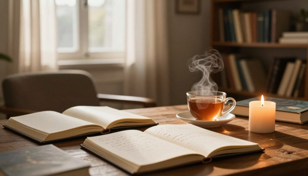 A serene dream analysis scene featuring a cozy study room. In the foreground, a wooden desk is cluttered with journals and an open notebook filled with hand-written notes about dreams. A steaming cup of tea sits beside a flickering candle, casting soft shadows. In the middle ground, a comfortable chair is positioned near a window, where soft, warm sunlight filters through sheer curtains, illuminating the space with a golden hue. The background features a bookshelf filled with various books on psychology and dream interpretation. The atmosphere is calm and introspective, encouraging viewers to reflect on their dreams. Use a warm color palette to enhance the inviting mood, and employ a soft-focus lens effect to create a dreamy ambiance. A serene dream analysis scene featuring a cozy study room. In the foreground, a wooden desk is cluttered with journals and an open notebook filled with hand-written notes about dreams. A steaming cup of tea sits beside a flickering candle, casting soft shadows. In the middle ground, a comfortable chair is positioned near a window, where soft, warm sunlight filters through sheer curtains, illuminating the space with a golden hue. The background features a bookshelf filled with various books on psychology and dream interpretation. The atmosphere is calm and introspective, encouraging viewers to reflect on their dreams. Use a warm color palette to enhance the inviting mood, and employ a soft-focus lens effect to create a dreamy ambiance.