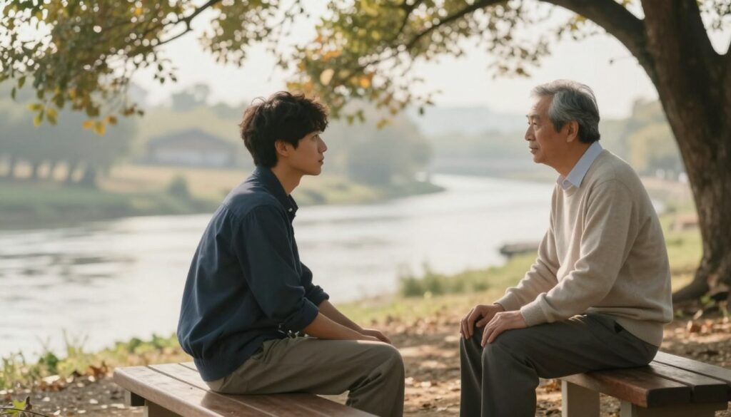 A serene dreamlike scene depicting a conversation between a father and his adult son in an ethereal setting. In the foreground, the son, wearing smart casual clothing, is seated on a wooden bench, looking thoughtfully at his father. The father, in a light-colored sweater and slacks, appears wise and calm, embodying a sense of guidance. In the middle ground, soft, warm light filters through the branches of a nearby tree, casting dappled shadows on the ground, enhancing the emotional atmosphere. The background features a gentle, flowing river and a distant landscape, shrouded in a soft haze to evoke a dreamlike quality. The mood is reflective and peaceful, capturing the essence of heartfelt communication and life lessons. The image should have a soft focus, enhancing the intimate feeling of the conversation. A serene dreamlike scene depicting a conversation between a father and his adult son in an ethereal setting. In the foreground, the son, wearing smart casual clothing, is seated on a wooden bench, looking thoughtfully at his father. The father, in a light-colored sweater and slacks, appears wise and calm, embodying a sense of guidance. In the middle ground, soft, warm light filters through the branches of a nearby tree, casting dappled shadows on the ground, enhancing the emotional atmosphere. The background features a gentle, flowing river and a distant landscape, shrouded in a soft haze to evoke a dreamlike quality. The mood is reflective and peaceful, capturing the essence of heartfelt communication and life lessons. The image should have a soft focus, enhancing the intimate feeling of the conversation.