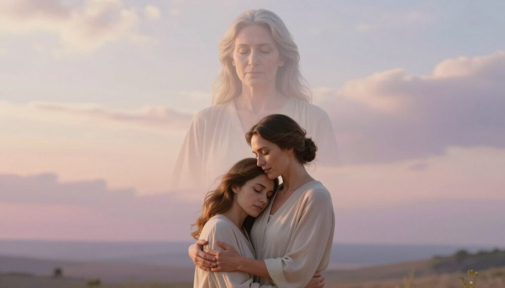 A serene dreamscape depicting a contrasting vision of a living mother and a deceased mother. In the foreground, a woman dressed in modest, elegant attire stands in a gentle embrace with a younger version of her mother, radiating warmth and love. The middle layer features a hazy, ethereal apparition of an older version of the mother, representing memories of the past, dressed in soft, flowing garments, conveying tranquility. The background showcases a dreamy landscape merging light and shadow, symbolizing the boundary between life and dreams, with soft pastel colors and wispy clouds creating an otherworldly atmosphere. The lighting is warm and inviting, highlighting the emotional connection, while maintaining a respectful and peaceful tone. The composition evokes a sense of nostalgia and hope, illustrating the poignant contrast between life and memory. A serene dreamscape depicting a contrasting vision of a living mother and a deceased mother. In the foreground, a woman dressed in modest, elegant attire stands in a gentle embrace with a younger version of her mother, radiating warmth and love. The middle layer features a hazy, ethereal apparition of an older version of the mother, representing memories of the past, dressed in soft, flowing garments, conveying tranquility. The background showcases a dreamy landscape merging light and shadow, symbolizing the boundary between life and dreams, with soft pastel colors and wispy clouds creating an otherworldly atmosphere. The lighting is warm and inviting, highlighting the emotional connection, while maintaining a respectful and peaceful tone. The composition evokes a sense of nostalgia and hope, illustrating the poignant contrast between life and memory.